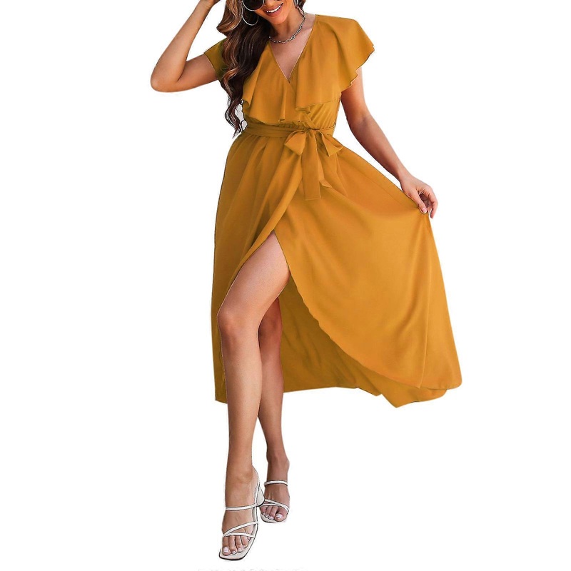 Women V Neck Ruffle Sleeve High Split Casual Wrap Dress with Belt Bridesmaid Cocktail Party Dresses  Turmeric XL | Fruugo SG