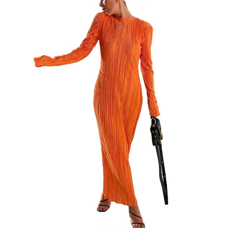 Womens Dress O-Neck Long Sleeve Long Dresses Cocktail Party Elegant Ribbed Dress Solid Color Hip Wrap Dresses  orange S | Fruugo SG