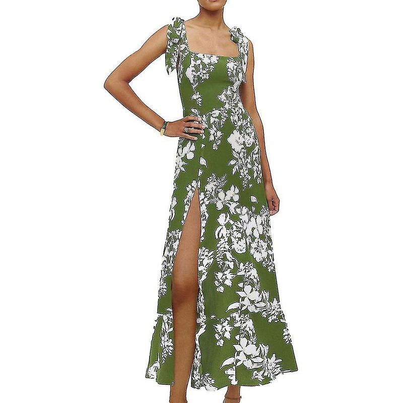 Womens Elegant Square Neck Maxi  Floral Print Casual Vintage With Tie Straps Split  – Green | Fruugo SG