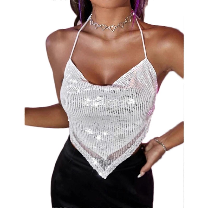 Womens Glitter Sequins Halter Crop Top Sexy Tie Backless Cowl Neck Asymmetrical Hem Camisole Vest Beach Party Clubwear  White XL | Fruugo SG