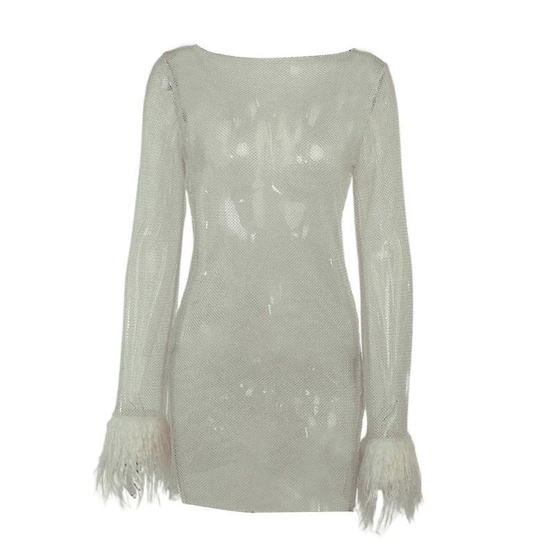 Womens Round Neck Feather Decorated Long Sleeve Bodycon Mini Dress Hollow Out See-through Mesh Shiny Party Clubwear  White M | Fruugo SG