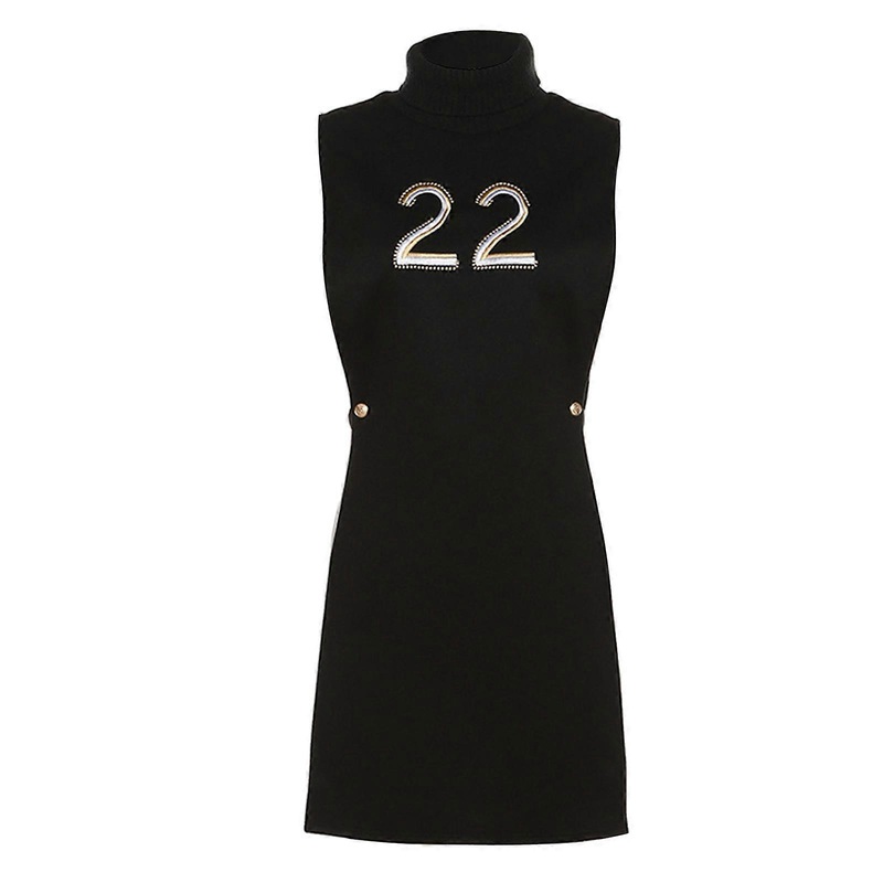 Womens Sleeveless Turtleneck Sexy Side Split Bodycon Mini Dress Number Embroidery Solid Color Hollow Out Tunic Vest for Tank Top Clubwear  S Black | Fruugo SG