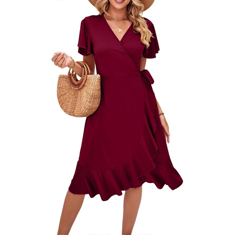 Womens Wrap V-Neck Dress Ruffle Short Sleeves Dress Summer Casual Dress Solid Color Dress with Belt for Holiday Travel  Burgundy M | Fruugo SG