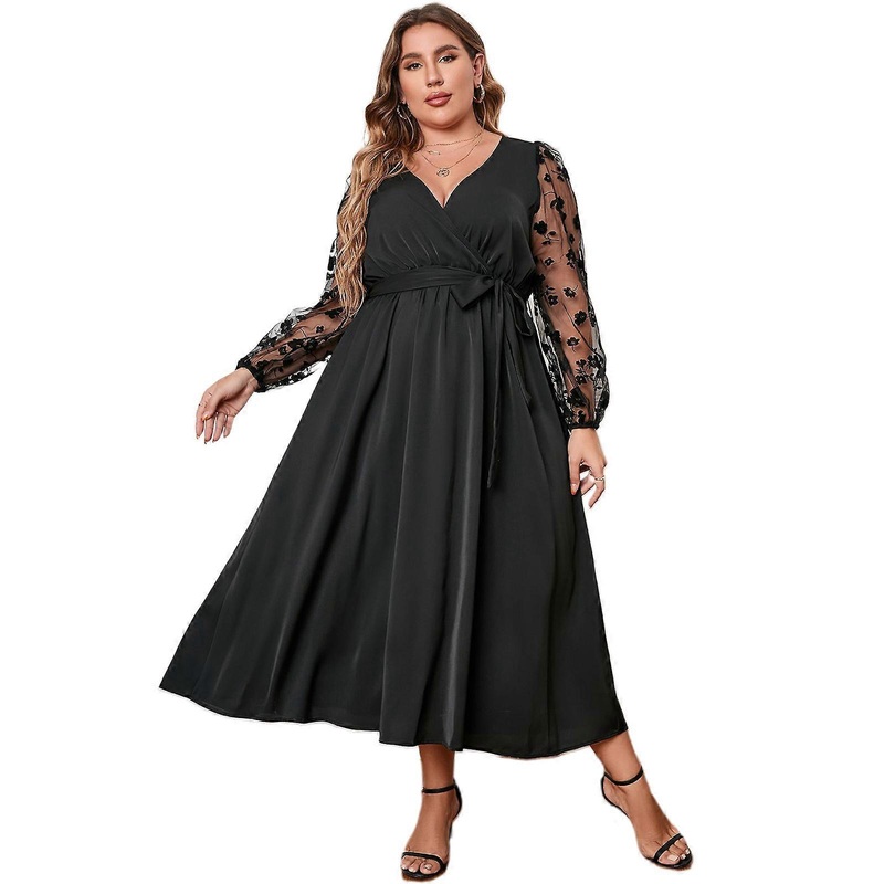 Womens Wrap V-Neck Midi Dress Elegant Floral Mesh Contrast Puff Long Sleeve Side Tie Knot Flared Flowy Swing Party Gown  Black XL | Fruugo SG