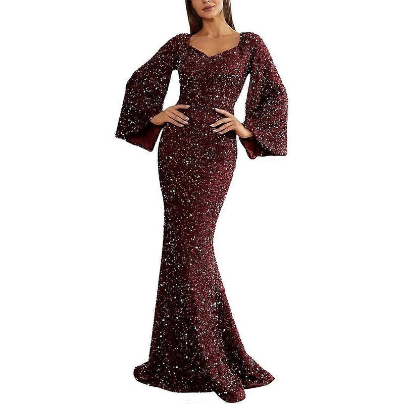 AI 2024 evening dress for women, bridesmaid dress, fashionable, V-neck, figure-hugging sequin dress with flared sleeves, mid-waist, long party dress,  | Fruugo SG