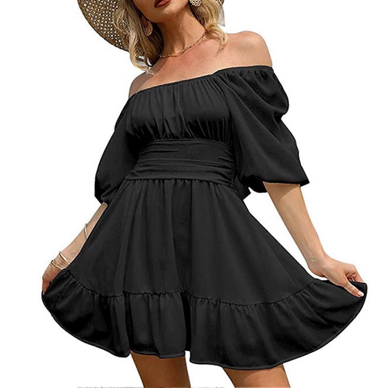 Black XL Women Half Lantern Sleeve Tie Back Dress Ruffled Off Shoulder Mini Dress For Summer | Fruugo SG