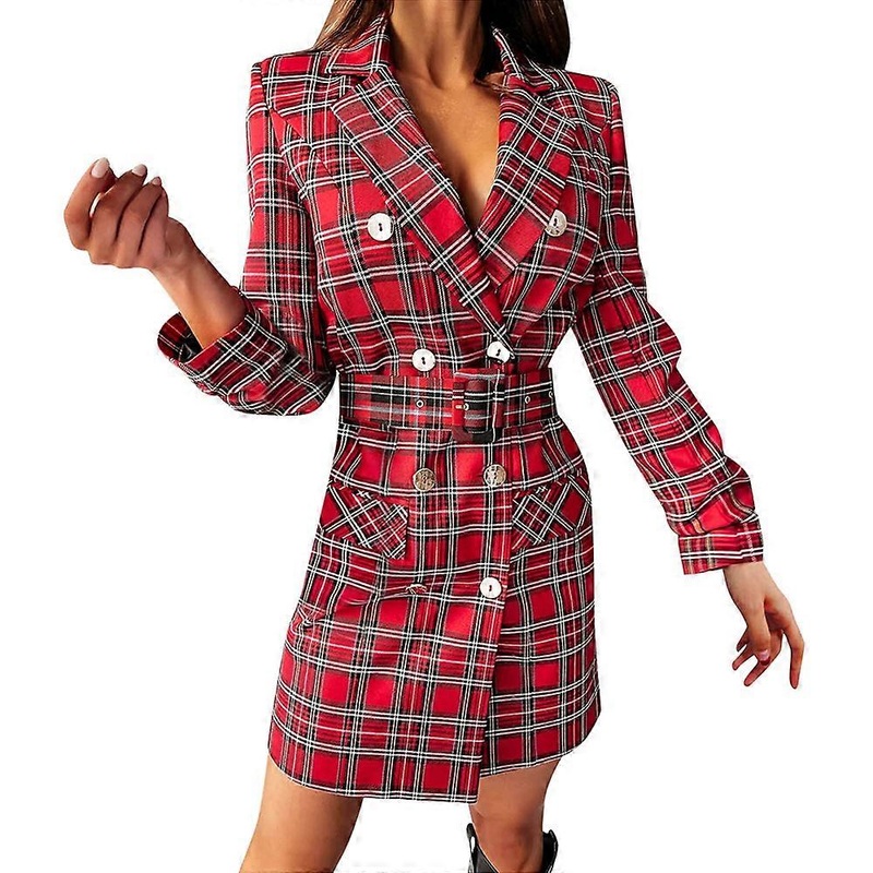 Blazer Dress Ladies Winter Plaid Coat Long Sleeve Elegant Double Breasted Suit Dress Blazer Dress with Belt Slim Fit V Neck Business Mini Dress with B | Fruugo SG