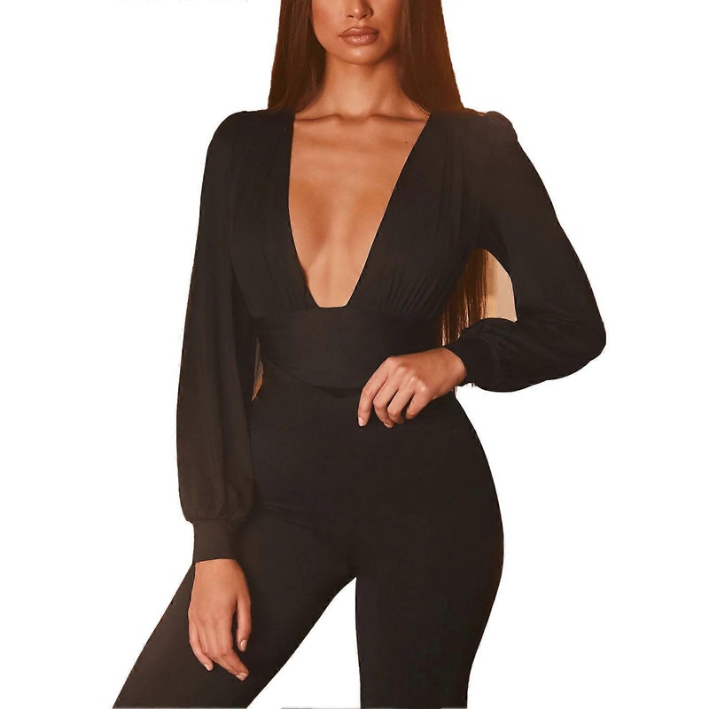 Deep V Neck Bodysuit with Long Lantern Sleeve High Waist Briefs Pleated Bodycon Jumpsuit for Party Black M | Fruugo SG