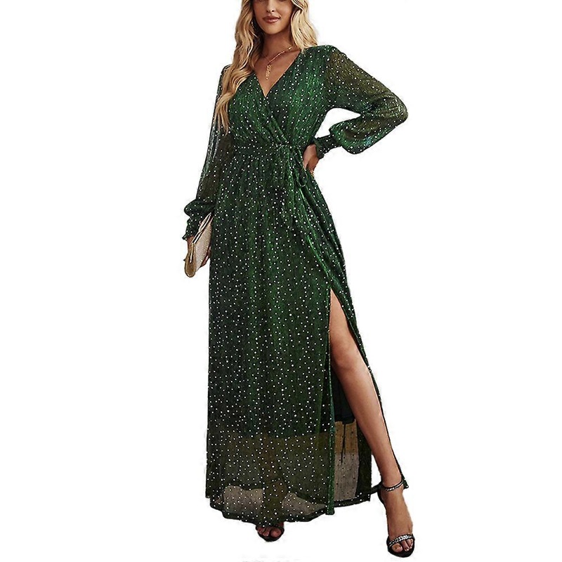 Dress Ladies Polka Dot Sequin Evening Dresses Long Elegant Sexy V-neck Long Sleeve Short Sleeve Height Waist Slit Maxi Dress with Belt | Fruugo SG
