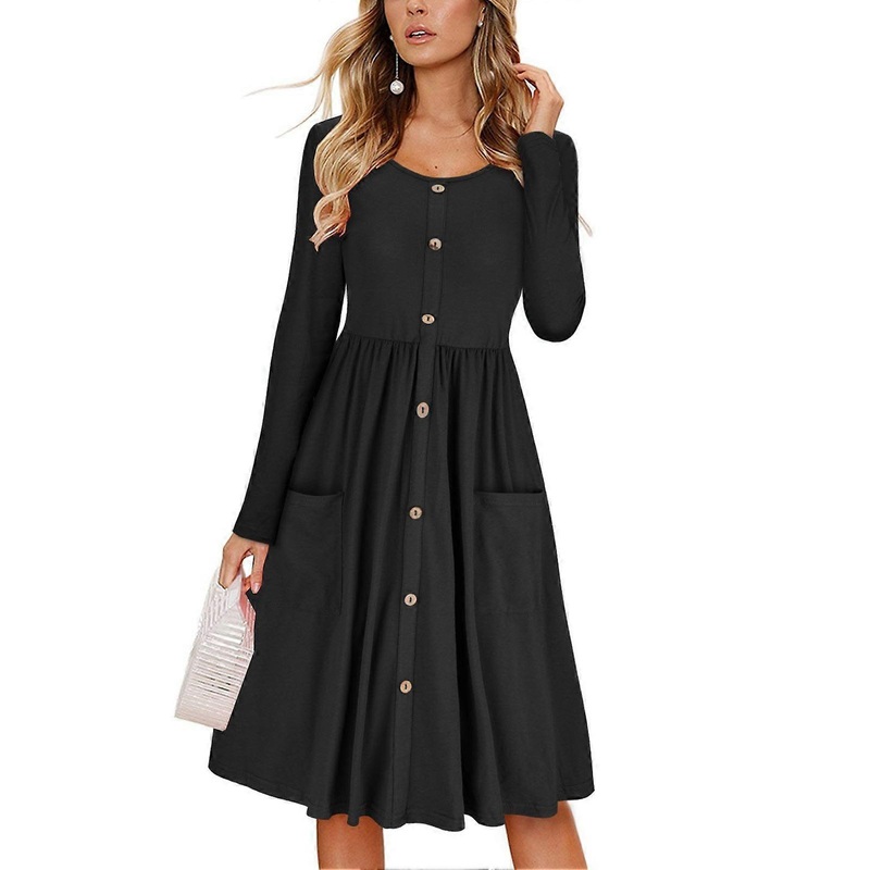 Dress Long Sleeve Round Neck Button Down Pure Color Pocket High Waist Dress for Women | Fruugo SG