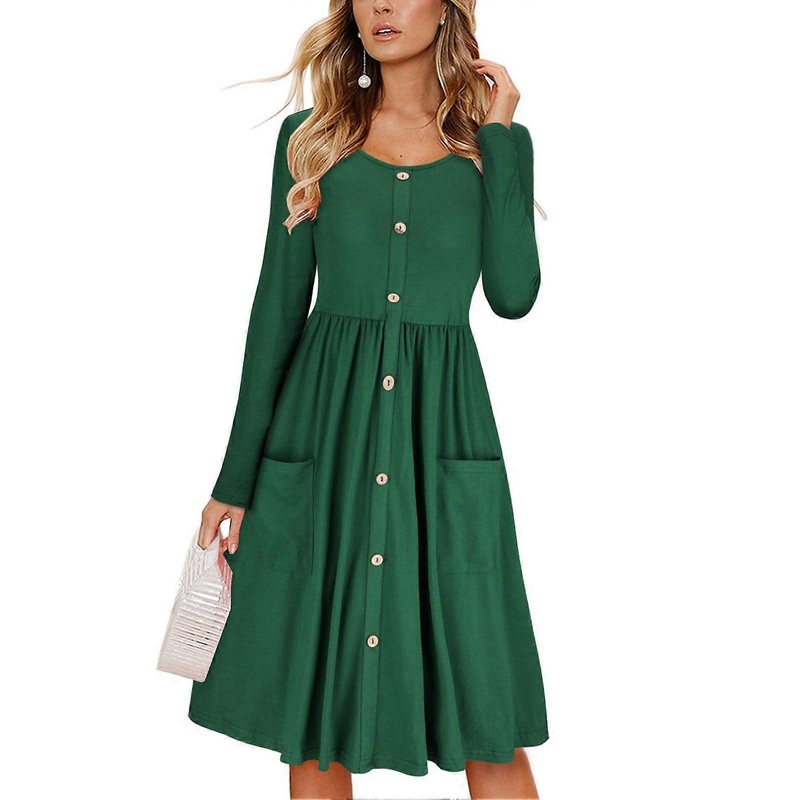Dress Long Sleeve Round Neck Button Down Pure Color Pocket High Waist Dress for Women Green M | Fruugo SG