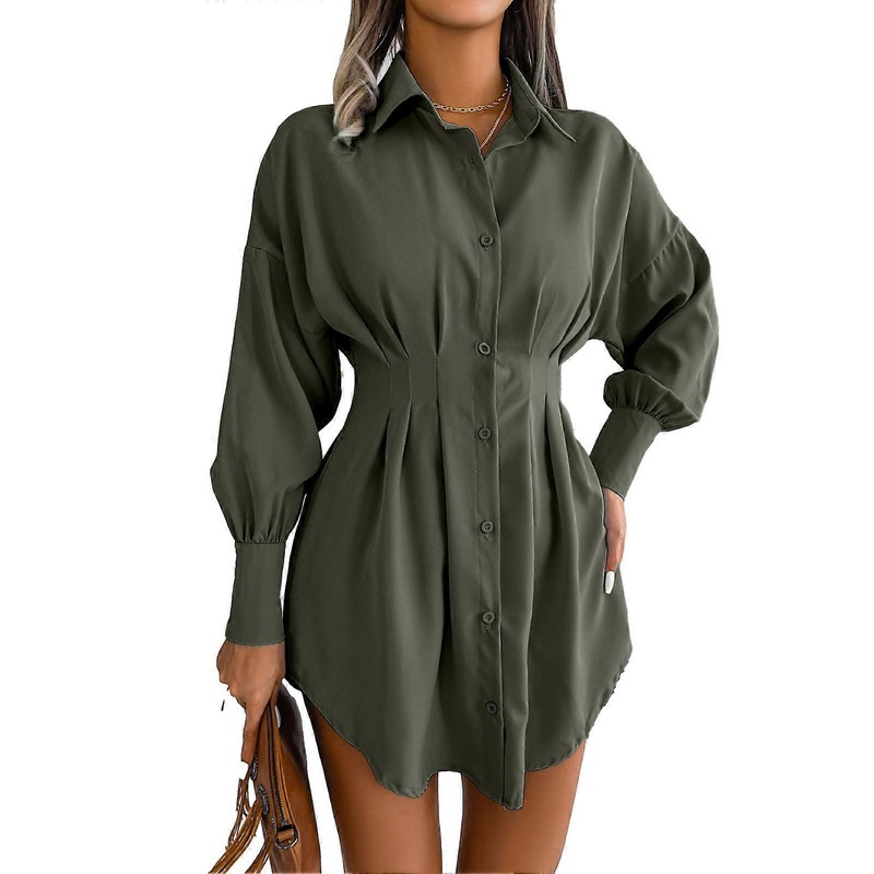 Mini Shirt Dress Polyester Fiber Pleated Cinched Waist Asymmetrical Lapel Collar Button Down Dress | Fruugo SG