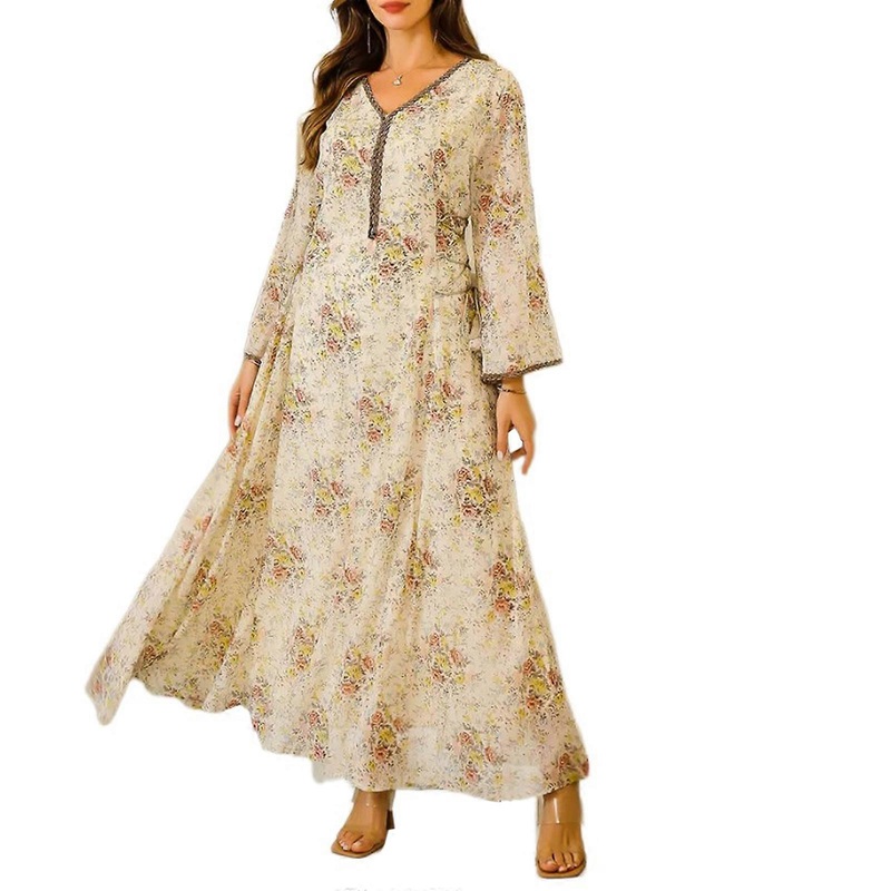 Muslims Dress for Women Long Sleeves Dress Flower Print Dress Full Length Dress Loose Muslims Robe Middle East Thobe  White XL | Fruugo SG