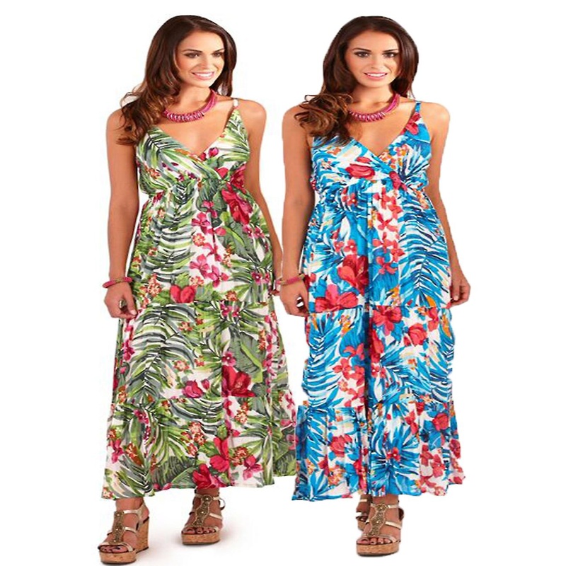 Pistachio Tropical Rainforest Print V-Neck Maxi Dress D534 Green / Blue Mix | Fruugo SG