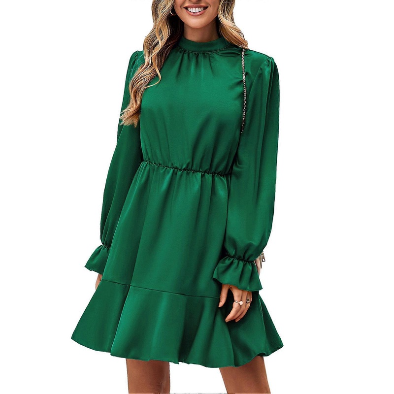 Pure Color Long Sleeve Ruffle Dress Half High Neck Casual A Line Patchwork Dress for Women Autumn Winter Dark Green M | Fruugo SG