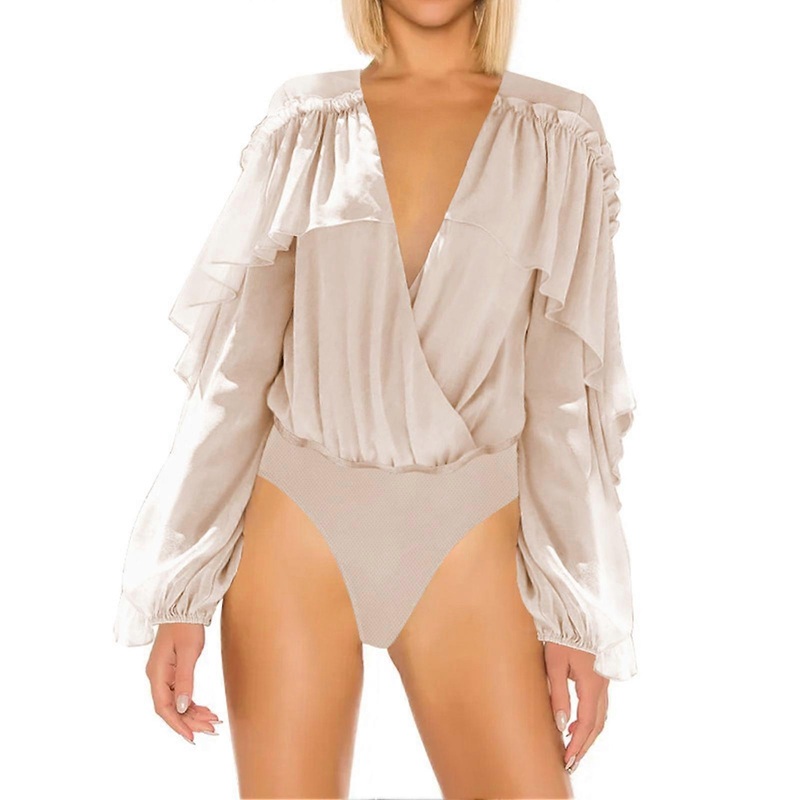Ruffle Bodysuit V Neckline Elastic Cuff Long Sleeve Plain Color Women Bodysuit for Dating Apricot L | Fruugo SG
