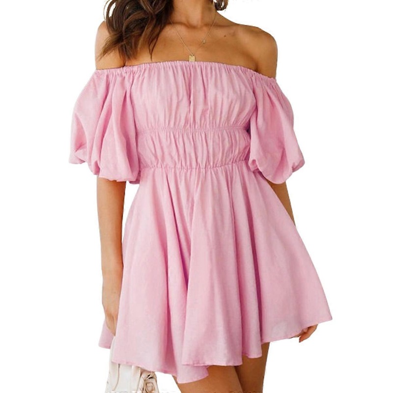 Short Puff Sleeve Dress Women Casual Elegant Fashionable Plain Color Dress for Beach Party Pink S | Fruugo SG