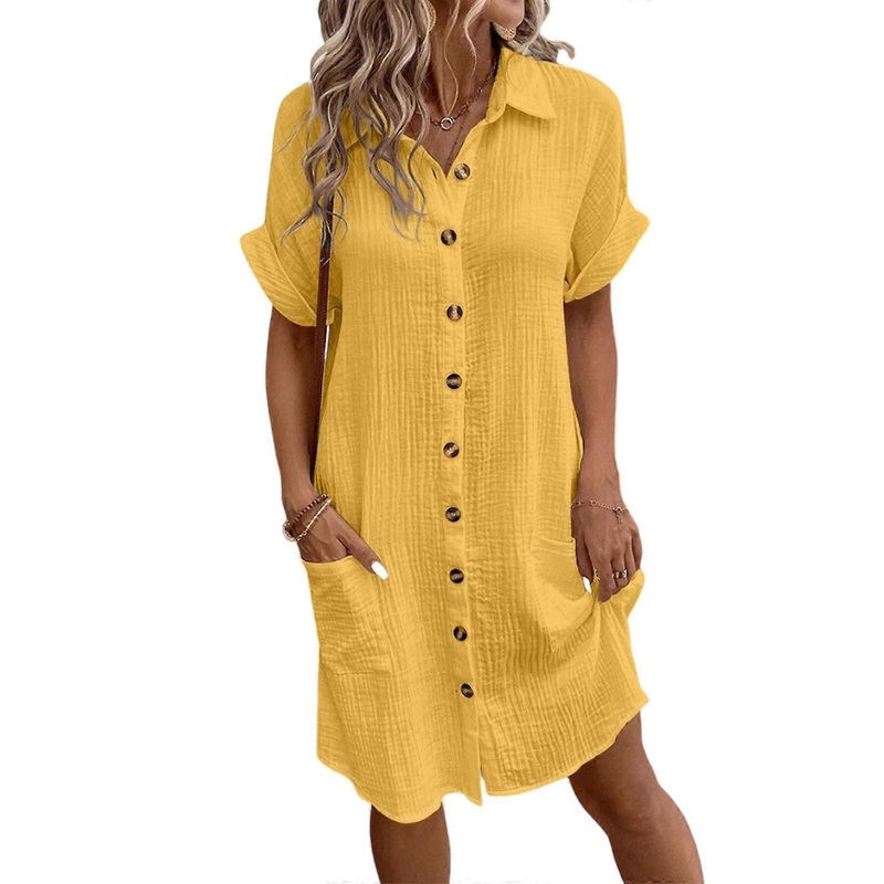 Short Sleeve Cotton Shirt Dress For Women Lapel Button Down Casual Blouse Dress V Neck Loose Fit Midi Length Beachwear  XL Yellow | Fruugo SG