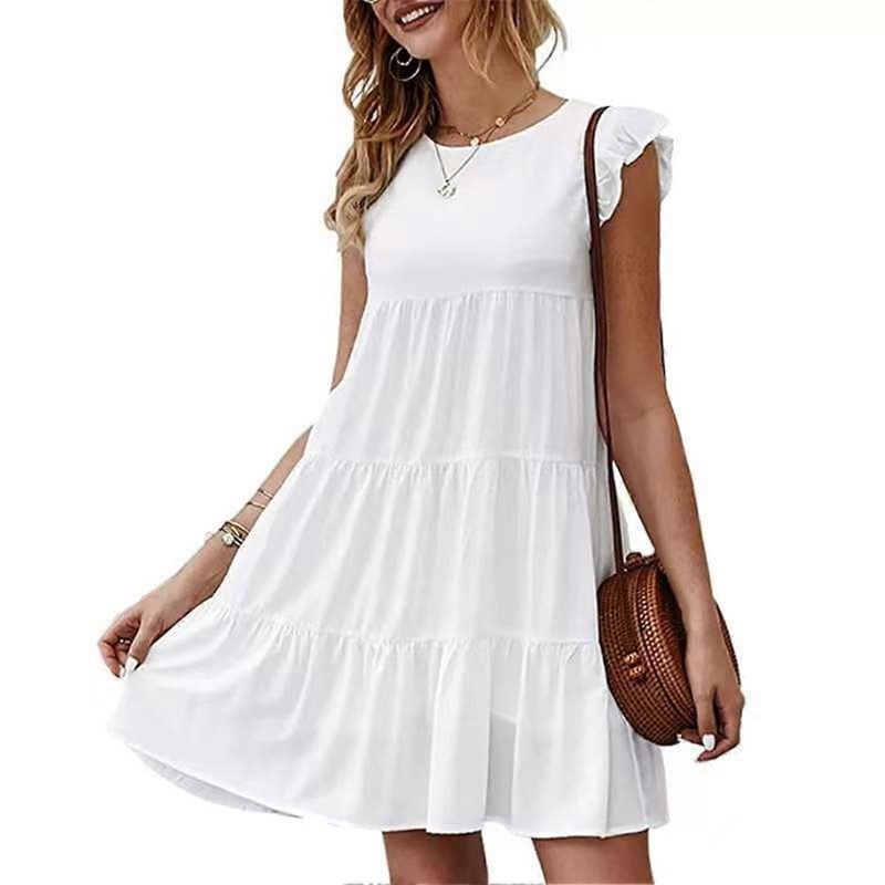 Summer Dress Round Neck Single Color Ruffle Short Sleeve Pleated Dress for Women | Fruugo SG