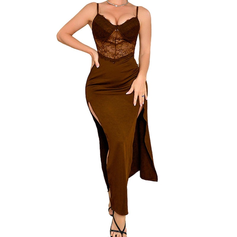 Trendy Milk Silk Dress Featuring Spaghetti Straps Flattering Side Slit Suitable for Fashion forward Women  brown M | Fruugo SG
