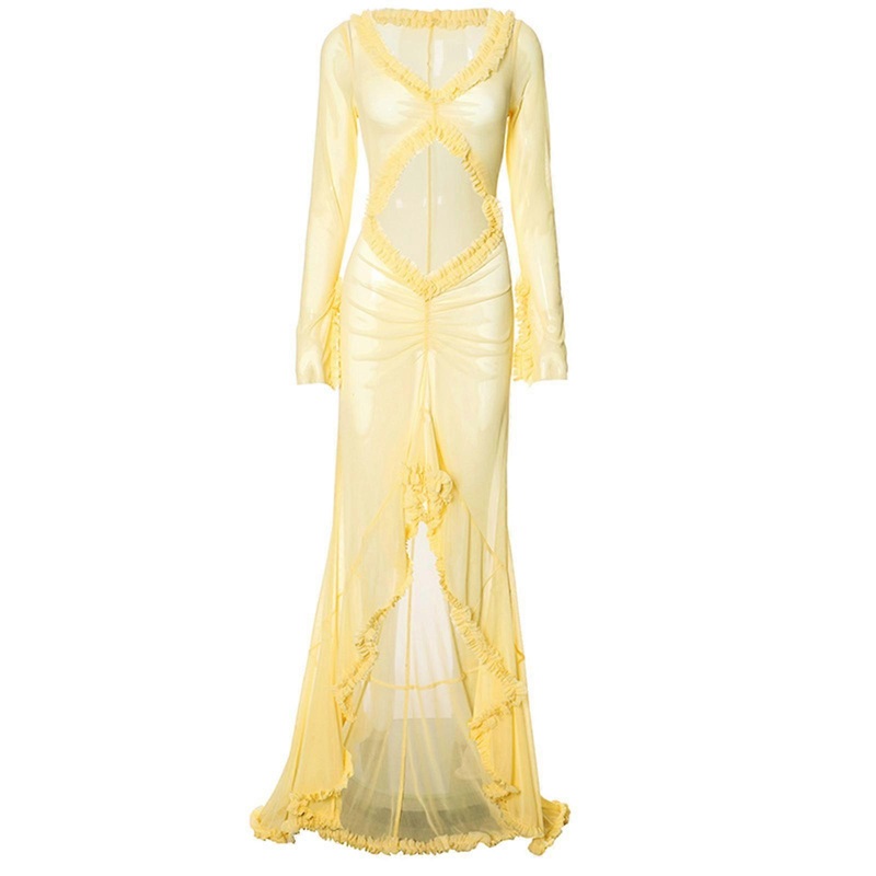 Women Beach Sheer Mesh Long Sleeve V Neck Asymmetrical Bodycon Dress Sexy Cut Out Ruffled Ruched Floor Length Dresses  Yellow S | Fruugo SG