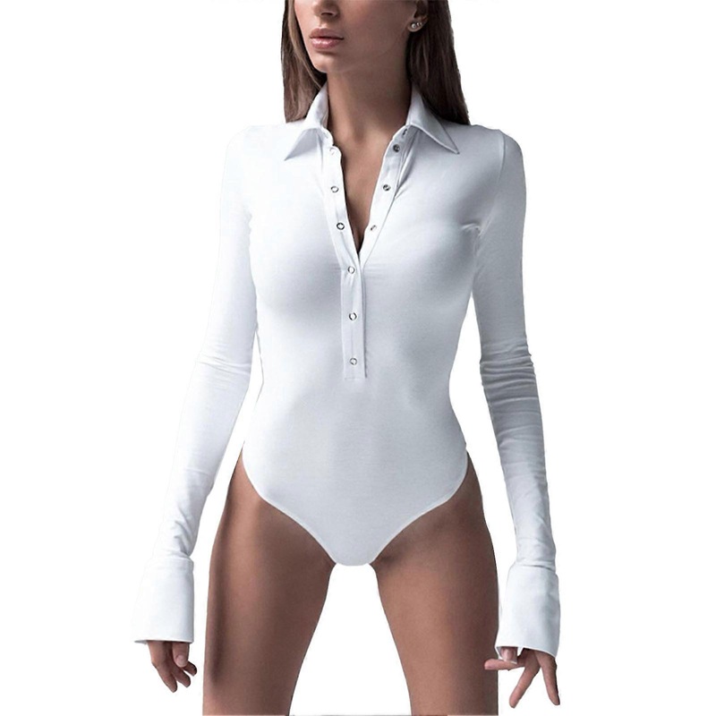 Women Bodysuit Long Sleeve Slim with Button Lapel V Neck for Vacation Travel Party S White | Fruugo SG