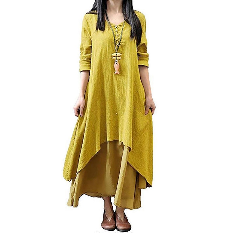 Women Boho Dress Casual Irregular Maxi Dresses Layer Vintage Loose Long Sleeve Linen Dress with Pockets | Fruugo SG