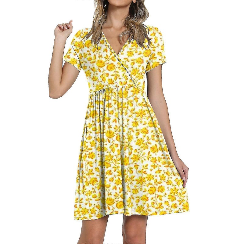 Women Casual Short Sleeve Dress Floral Print V- Neck Summer With Pocket Dresses | Fruugo SG