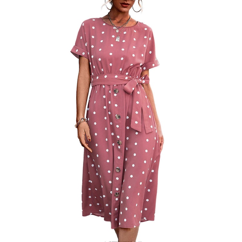 Women Dress Dots Printing Short Sleeve Waist Belted Round Collar Lower Button Front Summer Dress | Fruugo SG