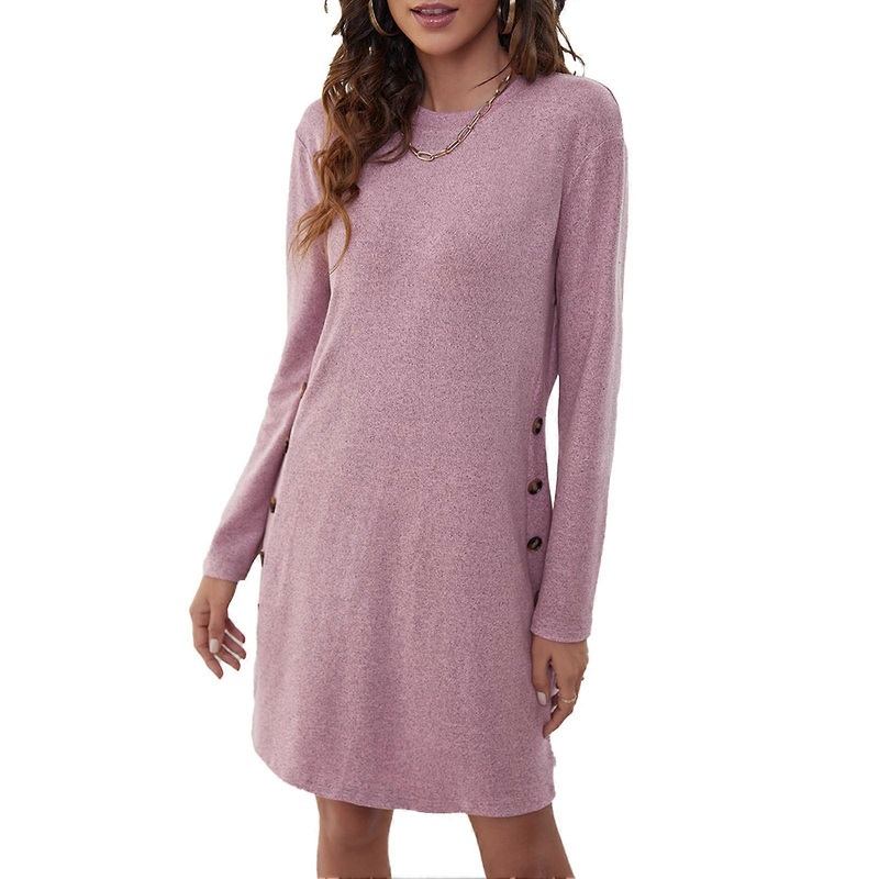 Women Dress Midi One Piece Round Neck Long Sleeve Pure Color Loose Straight for Home Office | Fruugo SG
