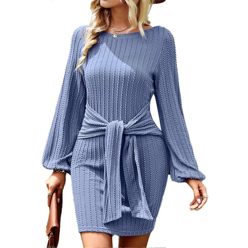 Women Dress Round Neck Racking Pattern Elegant Medium Length Waist Strap Long Sleeve Hip Wrap Dress for Dating Blue XL | Fruugo SG