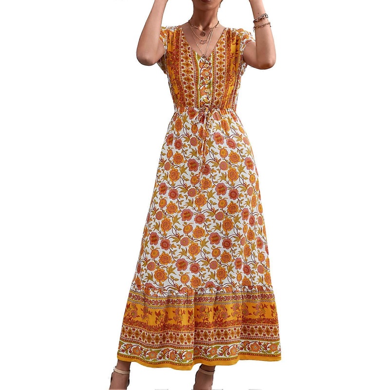 Women Floral Dress V Neck Short Sleeve Breathable Button Front Summer Long Dress for Daily Wear Orange Yellow S | Fruugo SG