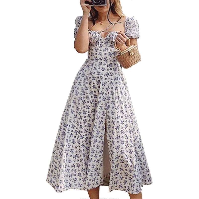 Women Floral Printing Dress Chest Strap Puff Sleeve Split Hem Spread Collar A Line Long Dress | Fruugo SG