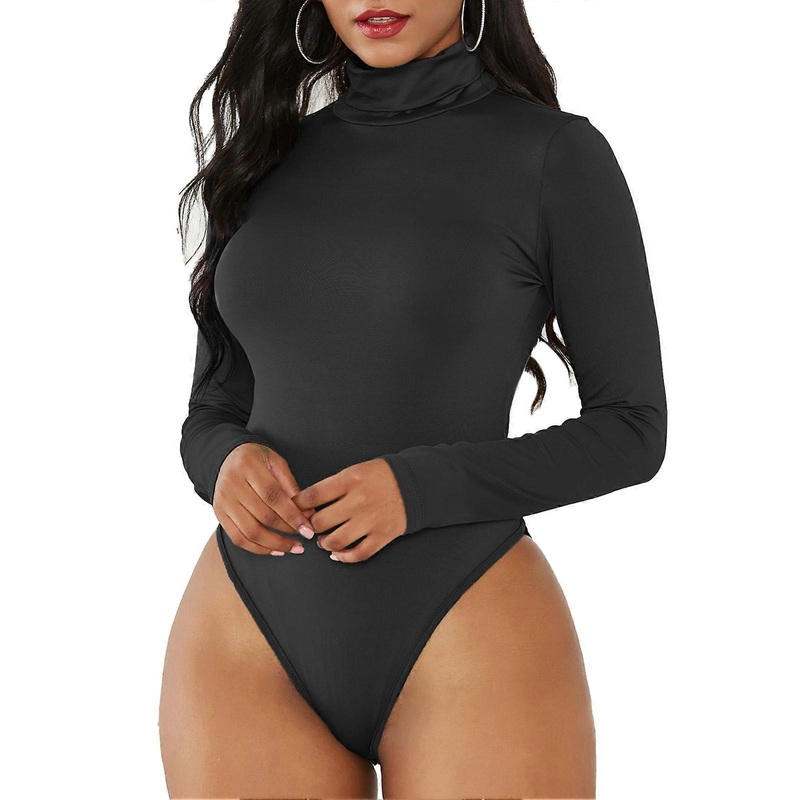 Women Long Sleeve Bobysuit Turtleneck Slim Pure Color High Elasticity Snap Closure Bodysuit Black M | Fruugo SG