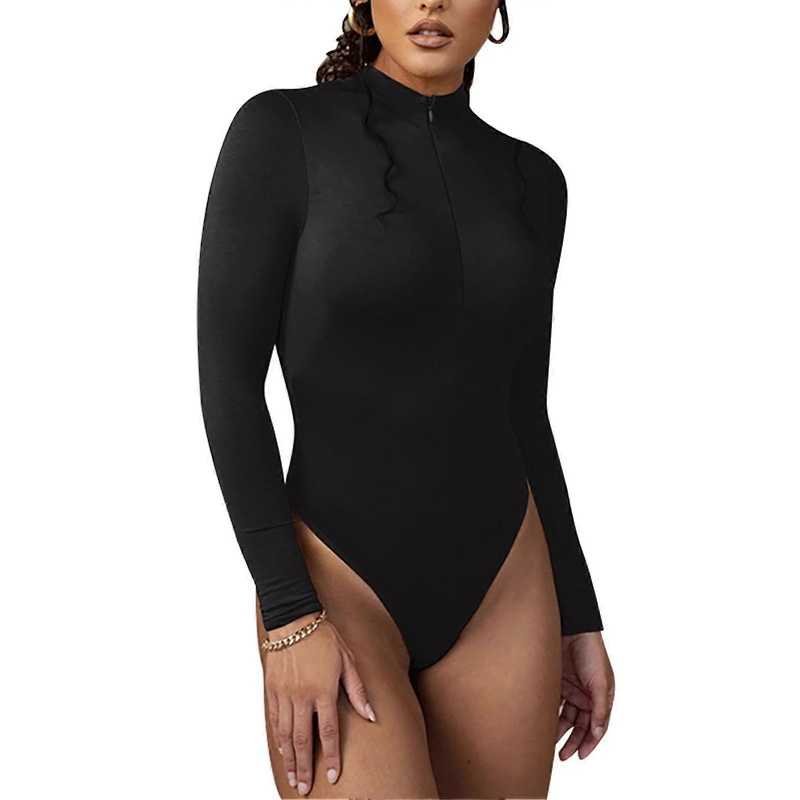 Women Long Sleeve Bodysuit Stand Collar Zipper Front Bodycon Pure Color Slim High Waist Bodysuit for Autumn Spring M Black | Fruugo SG