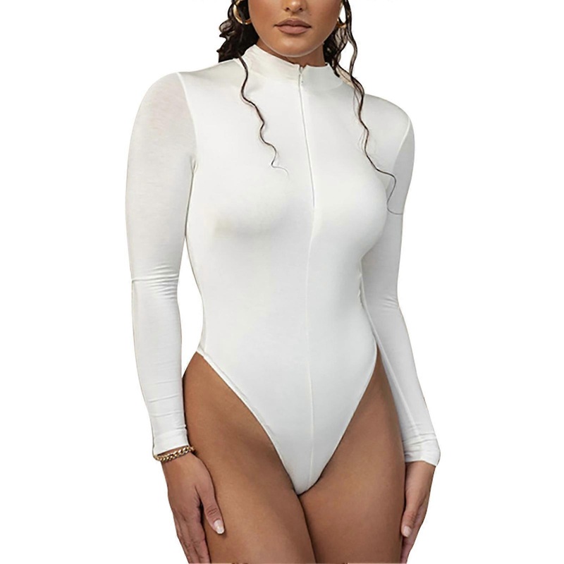 Women Long Sleeve Bodysuit Stand Collar Zipper Front Bodycon Pure Color Slim High Waist Bodysuit for Autumn Spring M White | Fruugo SG