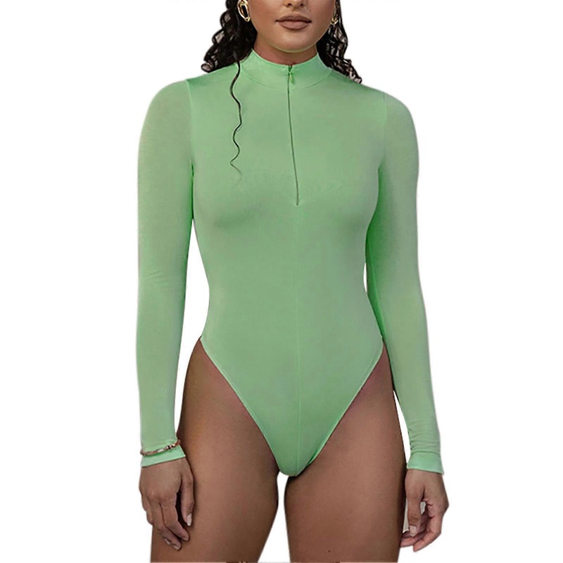 Women Long Sleeve Bodysuit Stand Collar Zipper Front Bodycon Pure Color Slim High Waist Bodysuit for Autumn Spring S Green | Fruugo SG