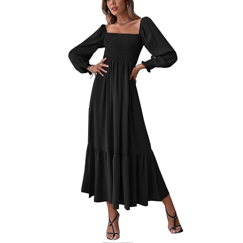 Women Maxi Dress Square Neck Stretch Bust Long Lantern Sleeves Ruffle Hem Open Back High Waist Temperament Maxi Dress Black M | Fruugo SG