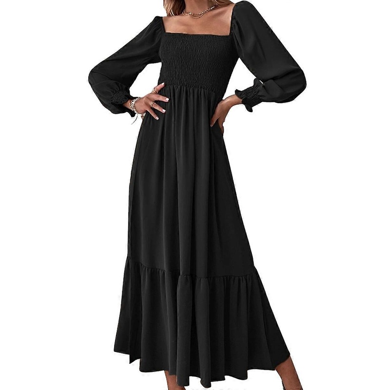 Women Maxi Dress Square Neck Stretch Bust Long Lantern Sleeves Ruffle Hem Open Back High Waist Temperament Maxi Dress | Fruugo SG