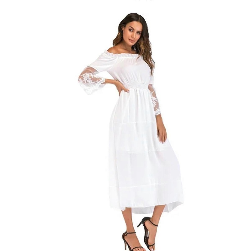 Women Maxi Long Dress Off the Shoulder Lace Flare Sleeve Elegant Evening Party Boho Dress White | Fruugo SG