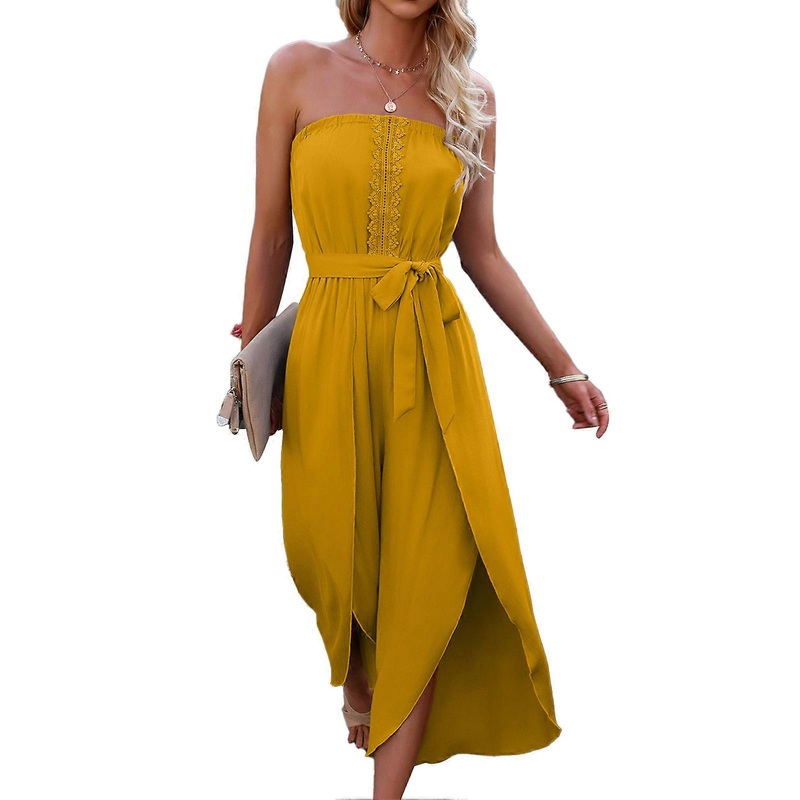Women Off Shoulder Cropped Jumpsuit Tube Top Playsuit Lace Trim Casual Loose Fit with Belt for Daily Work Party S Ginger | Fruugo SG