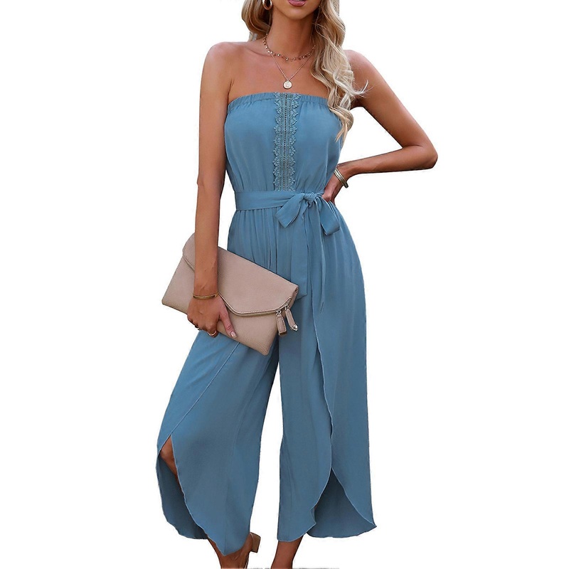Women Off Shoulder Cropped Jumpsuit Tube Top Playsuit Lace Trim Casual Loose Fit with Belt for Daily Work Party XL Blue | Fruugo SG