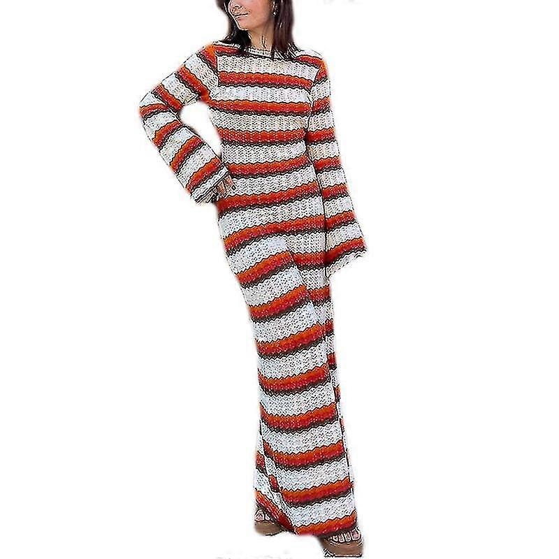 Women’s Cotton Knit Bodycon Backless Dress Striped Hollow Bell Sleeve Long Dress | Fruugo SG