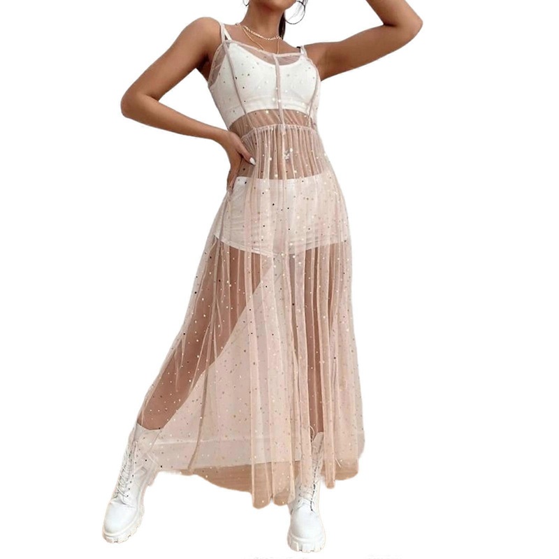 Women Sexy Sleeveless Backless Star Sequins Mesh Split Long Dress Summer See Through Swing Dresses Swimsuit Cover Up  Pink XL | Fruugo SG
