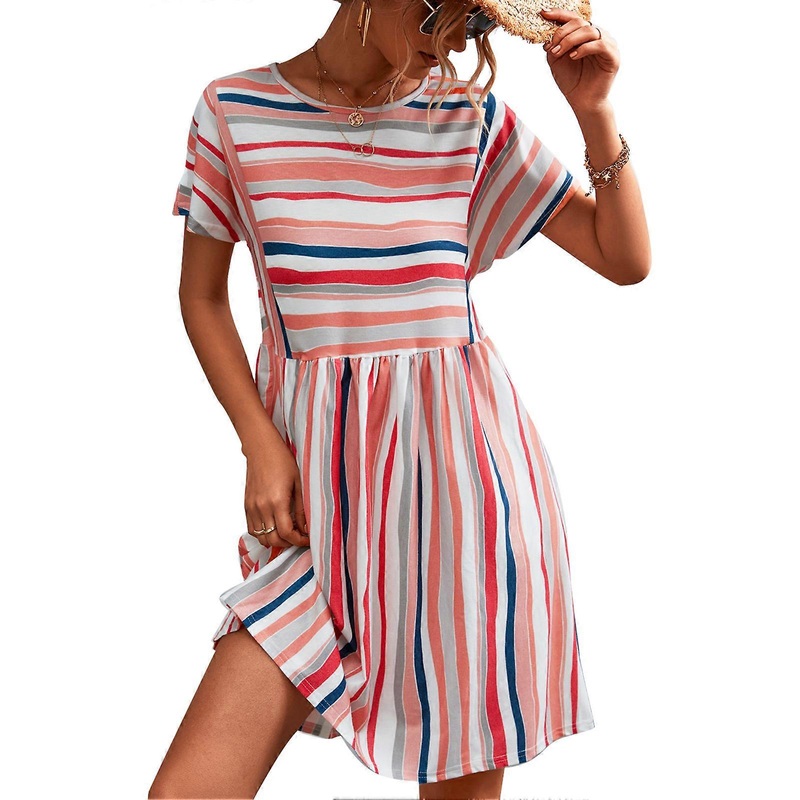 Women Short Sleeve Dress Stripe Printed Round Neck Casual Style Loose Dress for Summer Orange Pink S | Fruugo SG