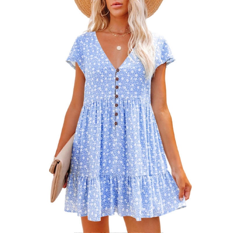 Women Short Sleeve V Neck Dress Button Front Floral Print Summer Loose Casual Swing Dress Blue XXL | Fruugo SG