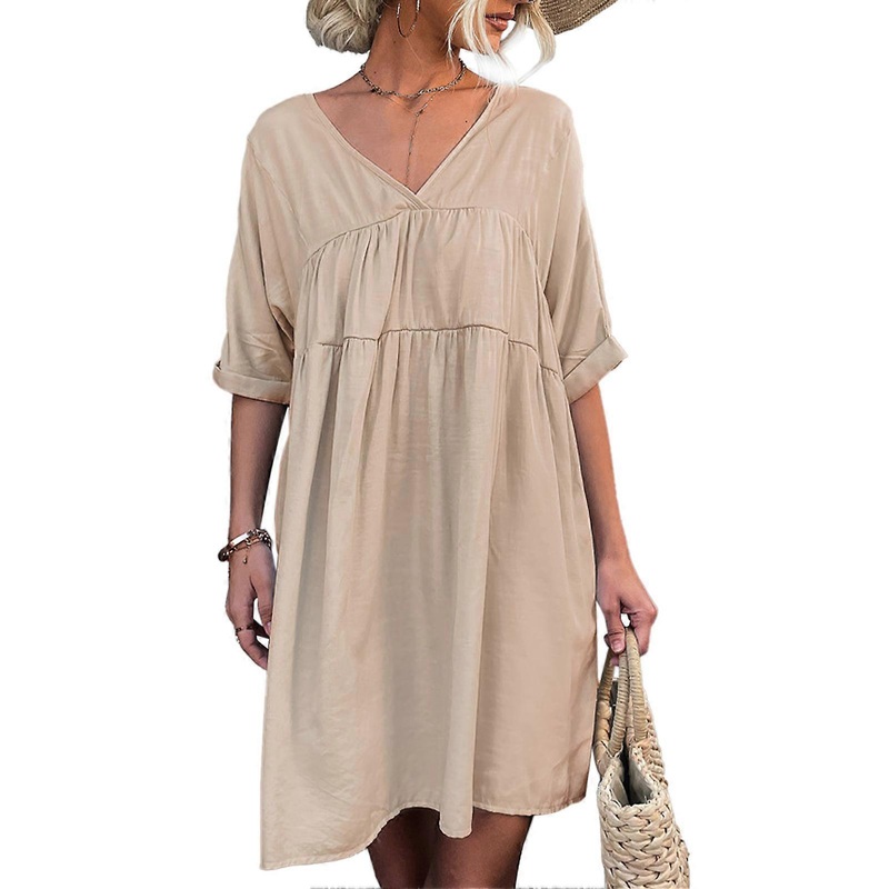 Women V Neck Short Sleeve Dress Back V Shaped Opening Loose Type Pure Color Summer Casual Dress Apricot L | Fruugo SG