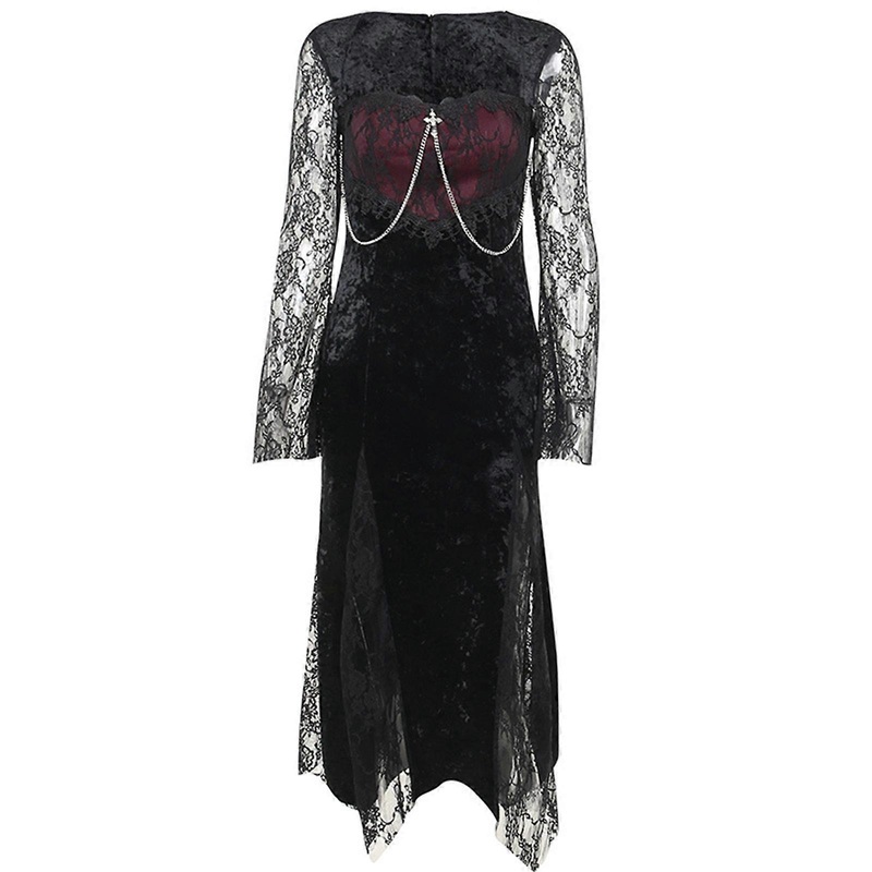 Womens Flared Sleeve Gothic Vintage Slim Fit Long Dress Lace Patchwork Square Neck Side Split Sexy Package Hip Dresses  S | Fruugo SG