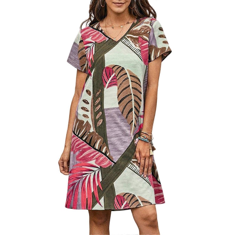 Womens Floral Printed Dresses Short Sleeve V Neck Sun Dress Summer Casual Loose Tshirt Dress Sexy Beach Mini Dress  Red XL | Fruugo SG