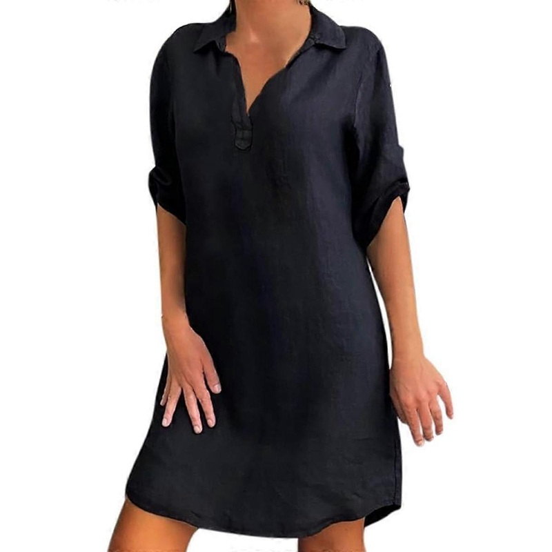 Womens Plus Size Solid Cotton Linen Turn Down Collar Loose Shirt Dress | Fruugo SG